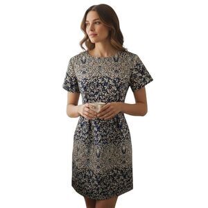 H&M CREAM, BLACK, & BLUE TEXTURE DRESS SZ.8 EUC.